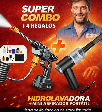 COMBO POWER CLEAN: HIDROLAVADORA + ASPIRADORA PORTÁTIL (DOBLE BATERÍA + MALETÍN)