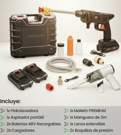 COMBO POWER CLEAN: HIDROLAVADORA + ASPIRADORA PORTÁTIL (DOBLE BATERÍA + MALETÍN)