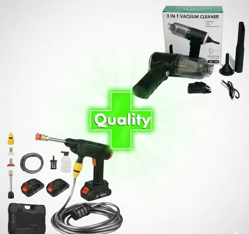 COMBO POWER CLEAN: HIDROLAVADORA + ASPIRADORA PORTÁTIL (DOBLE BATERÍA + MALETÍN)