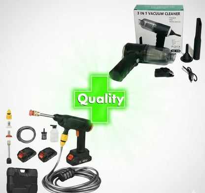 COMBO POWER CLEAN: HIDROLAVADORA + ASPIRADORA PORTÁTIL (DOBLE BATERÍA + MALETÍN)